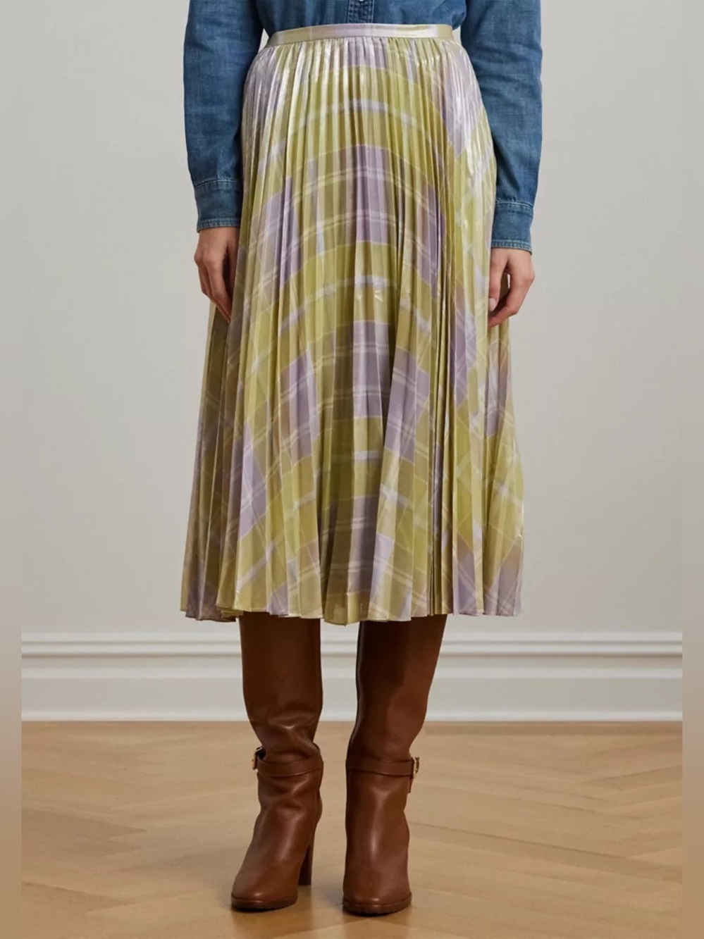 Lauren Ralph Lauren Checked Plaid Pleated Georgette Skirt Size 8